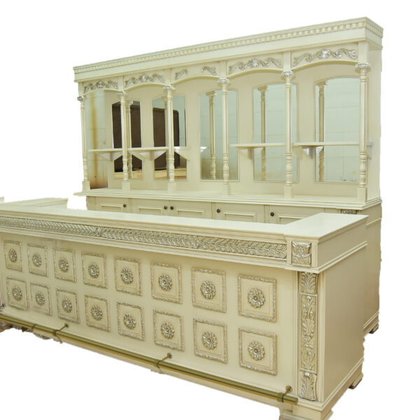 Opulent Off-white Bar with Silver-leaf Accents & Mirrored Back Hutch – Bar WNL181