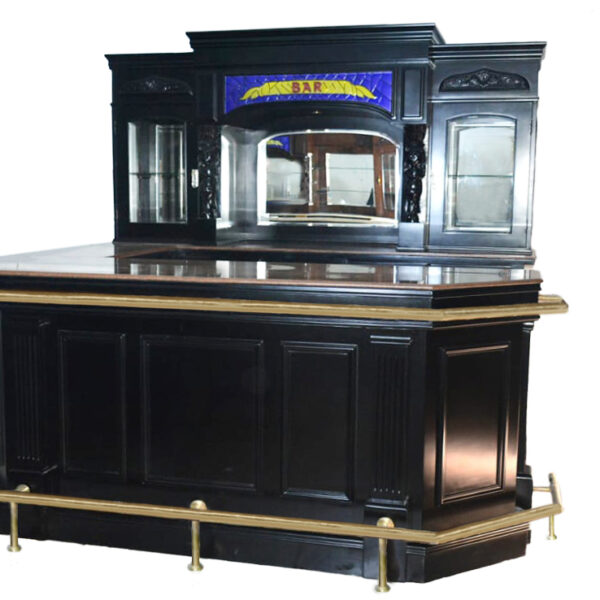 Black 8 ft Home Bar with Brass Rail & Stained Glass – Bar WNL173