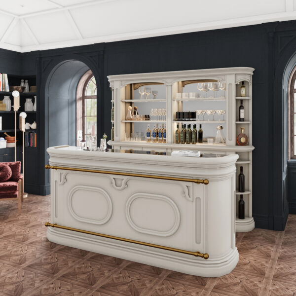 Showcase Your Finest Spirits & Glassware with this Creamy White Finish Bar WNL200