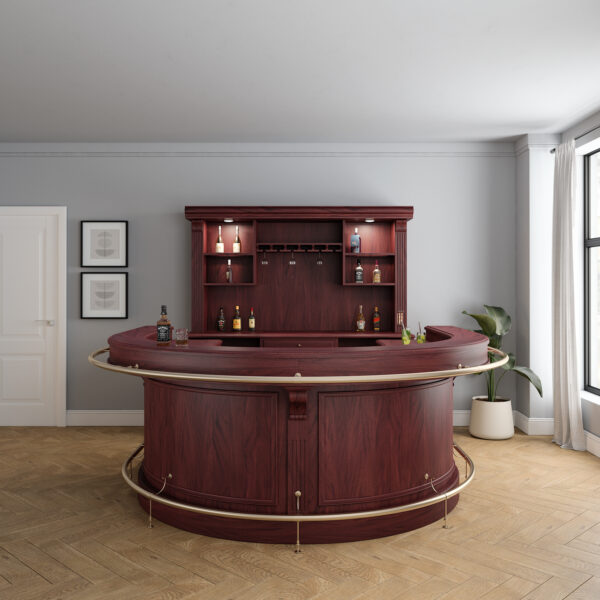 Rich Mahogany Horseshoe Bar with Wine Glass Racks & Lights – Bar WNL184