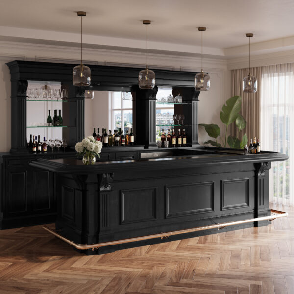 Large L-Shaped Black Bar with Mirrored Back – Bar WNL183